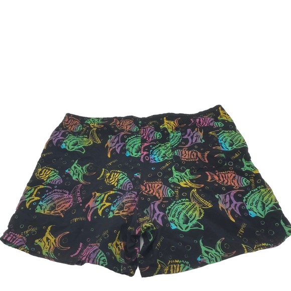 Vintage Sea Waves Swim Shorts Black w/ Rainbow Fish Hawaii Spellout Pattern - Picture 4 of 7